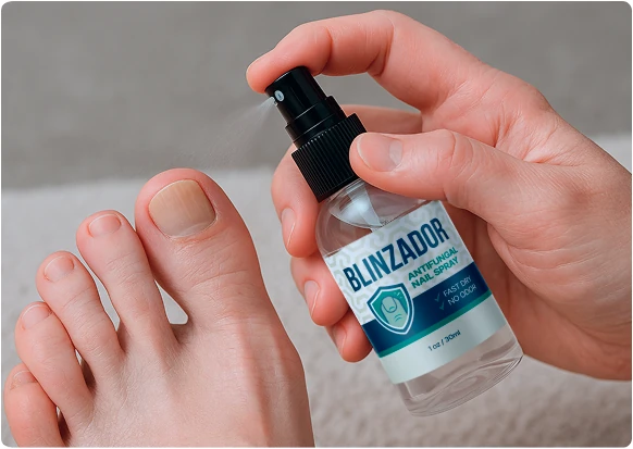 Applying Blinzador spray to toenails
