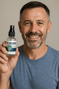 Man holding Blinzador bottle